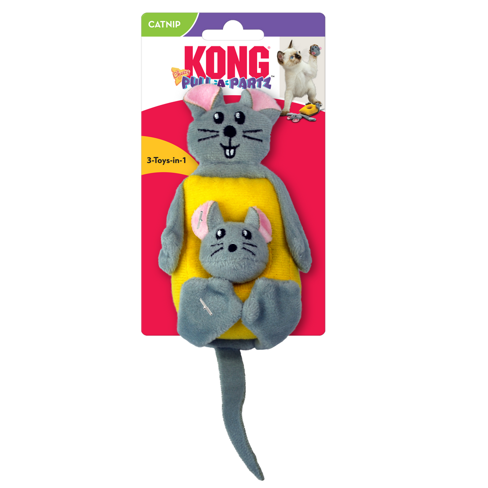 Front packaging of KONG Pull-A-Partz Cheezy Cat Toys