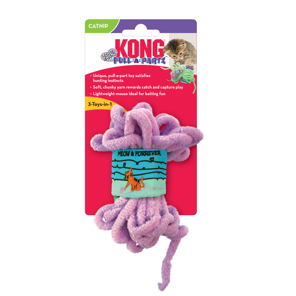 Front packaging of KONG Pull-A-Partz Yarnz Cat Toys in purple