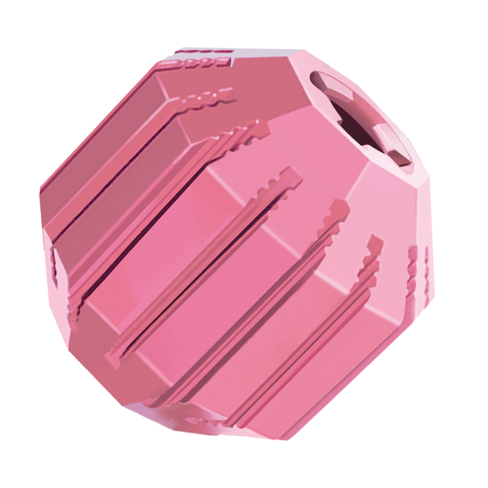 A pink KONG Puppy Activity Ball Dog Toy featuring a geometric, multifaceted design with deep grooves and textured ridges. The ball has an opening on one side, designed to hold treats or kibble for interactive play. The soft rubber material is gentle on puppy teeth while promoting chewing and engagement.