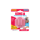 KONG Puppy Activity Ball in pink, designed for small dogs up to 20 lbs. The packaging highlights its natural teething rubber, ability to soothe gums, and treat-dispensing feature to extend playtime.