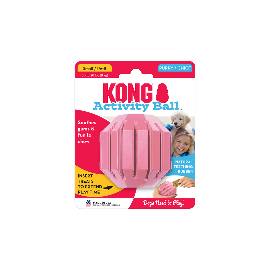 KONG Puppy Activity Ball in pink, designed for small dogs up to 20 lbs. The packaging highlights its natural teething rubber, ability to soothe gums, and treat-dispensing feature to extend playtime.