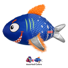 A KONG Reefz dog toy shaped like a playful fish. The toy has a blue fabric body with white scale patterns, a cartoonish face featuring large eyes and a toothy grin, and green gill-like accents. It has silver fabric side fins, an orange plush-textured tail, and matching orange fuzzy side fins. A small KONG logo tag is attached to the side. Below the main toy, two smaller images showcase alternate color variations, a pink one and a blue one, with the text 'Assorted Colors' indicating multiple design options.