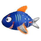 A KONG Reefz dog toy shaped like a fish. The toy has a vibrant blue fabric body with white scale patterns, an expressive cartoonish face with large eyes and a toothy grin, and green gill-like markings. It features silver fabric side fins, an orange plush-textured tail, and orange fuzzy side fins. A small KONG logo tag is attached to the side of the toy.