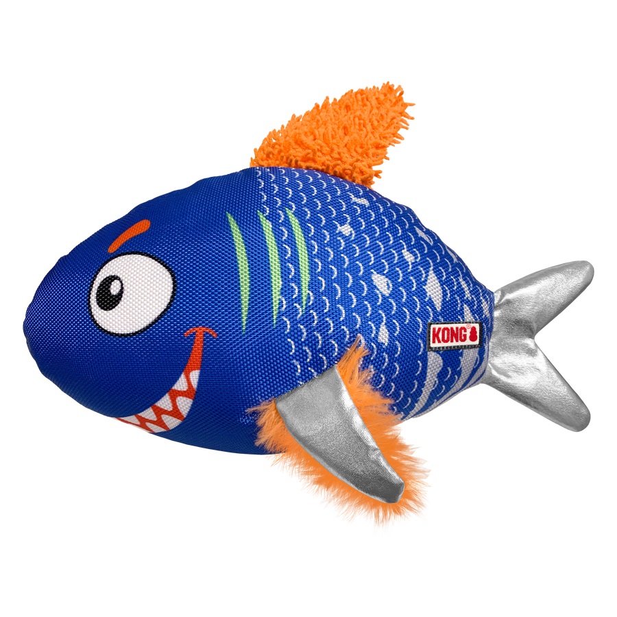 A KONG Reefz dog toy shaped like a fish. The toy has a vibrant blue fabric body with white scale patterns, an expressive cartoonish face with large eyes and a toothy grin, and green gill-like markings. It features silver fabric side fins, an orange plush-textured tail, and orange fuzzy side fins. A small KONG logo tag is attached to the side of the toy.