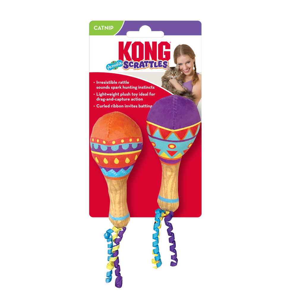 Front Packaging of KONG Scrattles Acoustix 2 Pack Cat Toy Orange & Purple