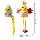 KONG Scrattles Chicken 2-Pack Cat Toy featuring two plush toys: one shaped like a chick emerging from a gray eggshell with dangling yellow ribbon legs, and the other a bright yellow chicken with red wings, pink feet, and patterned belly. Dimensions shown: full chicken toy is 8.5 inches (21.5 cm) tall and 4.25 inches (10.8 cm) wide.