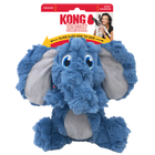 A KONG Scrumplez elephant plush dog toy in its original packaging. The toy is a soft, blue elephant with floppy, oversized ears that have a light gray inner lining. It has embroidered blue eyes and a crinkled texture. The packaging is red and white, displaying the KONG logo, the word 'Scrumplez' in a playful red font. A yellow arrow on the packaging indicates that the toy’s ears slide from side to side. The packaging also highlights that the toy squeaks.