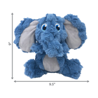 A KONG Scrumplez elephant plush dog toy, measuring approximately 9 inches in height and 9.5 inches in width. The toy is a soft, blue elephant with a fluffy texture, large floppy ears with a light gray inner lining, and embroidered blue eyes. The image includes measurement arrows along the sides, indicating the toy's dimensions.