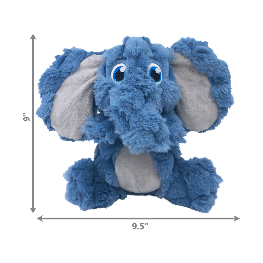 A KONG Scrumplez elephant plush dog toy, measuring approximately 9 inches in height and 9.5 inches in width. The toy is a soft, blue elephant with a fluffy texture, large floppy ears with a light gray inner lining, and embroidered blue eyes. The image includes measurement arrows along the sides, indicating the toy's dimensions.