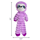 A KONG Shakers Crumples sloth plush dog toy, measuring approximately 20 inches in height and 8.5 inches in width. The toy is soft and purple with a smiling sloth face featuring embroidered blue eyes, a black nose, and gray facial markings. Its segmented body has a crinkled texture, and the long floppy arms and legs end in darker purple hands and feet. Measurement arrows along the sides indicate the toy’s dimensions.