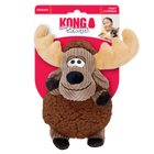 A KONG Sherps Floofs moose plush dog toy in its original packaging. The toy has a round, soft brown fleece-like body with a corduroy-textured tan face. It features embroidered eyes, a black plush nose, and a stitched smile. The moose has large, beige plush antlers, floppy brown arms, and small black hooves. The packaging is red and white, displaying the KONG logo, the words 'Sherps Floofs' in a playful blue and white font, also highlights that the toy squeaks.