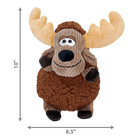 A KONG Sherps Floofs moose plush dog toy, measuring approximately 10 inches in height and 8.5 inches in width. The toy has a round, soft brown fleece-like body with a corduroy-textured tan face. It features embroidered eyes, a black plush nose, and a stitched smile. The moose has large, beige plush antlers, floppy brown arms, and small black hooves. Measurement arrows along the sides indicate the toy’s dimensions.