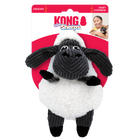 A KONG Sherps Floofs sheep plush dog toy in its original packaging. The toy has a round, soft white fleece-like body with a black corduroy-textured face and floppy ears. It features embroidered eyes, a black plush nose, and short black plush limbs. The packaging is red and white, displaying the KONG logo, the words 'Sherps Floofs' in a playful blue and white font, and also highlights that the toy squeaks.