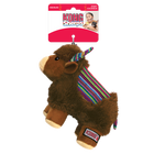  KONG Sherps yak plush dog toy in its original packaging. The toy has a soft, brown furry body with a beige muzzle and embroidered eyes. Its ears and curved horns feature a colorful woven fabric with bright striped patterns, which match the saddle-like fabric on its back. The yak stands on beige plush legs with white hooves and has a short, fluffy tail. The packaging is red and white, displaying the KONG logo, the word 'Sherps' in a playful blue font, also highlights that the toy squeaks.