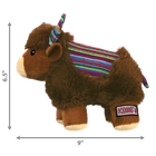 A KONG Sherps yak plush dog toy, measuring approximately 6.5 inches in height and 9 inches in width. The toy has a soft, brown furry body with a beige muzzle and embroidered eyes. Its ears and curved horns feature a colorful woven fabric with bright striped patterns, which match the saddle-like fabric on its back. The yak stands on beige plush legs with white hooves and has a short, fluffy tail. Measurement arrows along the sides indicate the toy’s dimensions.