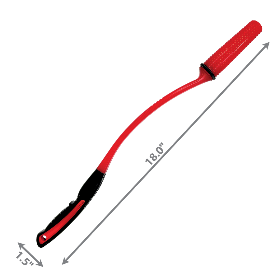 A KONG Signature KONG Throw dog toy, measuring approximately 18 inches in length and 1.5 inches in width. The thrower is red and black, with a long, flexible design and a textured red handle for grip. The opposite end features a black loop designed to hold and launch KONG toys. Measurement arrows along the sides indicate the toy’s dimensions.