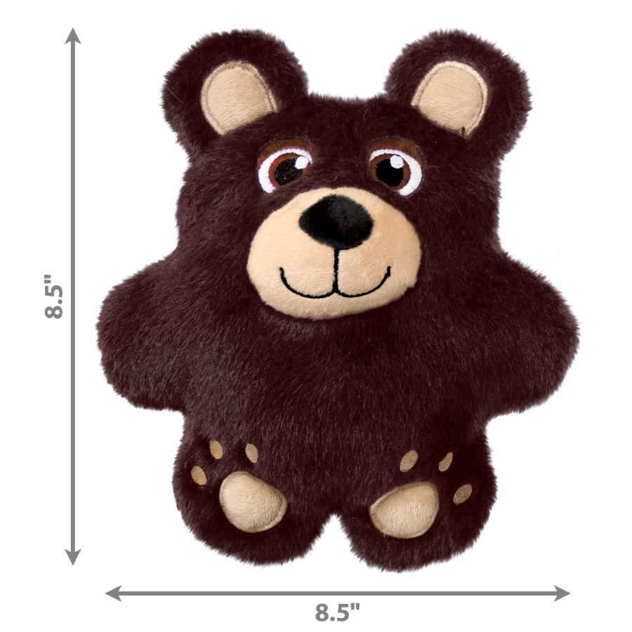 A KONG Snuzzles Bear plush dog toy, measuring approximately 8.5 inches in height and 8.5 inches in width. The toy is a soft, round, brown bear with a fuzzy texture. It features embroidered eyes, a beige muzzle with a black plush nose, and a stitched smiling mouth. The bear has rounded ears with beige inner linings and small embroidered paw prints on its feet. Measurement arrows along the sides indicate the toy’s dimensions.