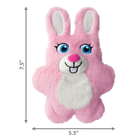 A KONG Snuzzles Kiddos Bunny plush dog toy, measuring approximately 7.5 inches in height and 5.5 inches in width. The toy is a soft, round, pink bunny with a fuzzy texture. It features embroidered blue eyes with long lashes, a white muzzle with a pink plush nose, a stitched black smile, and two front teeth. The bunny has long, upright ears with white inner linings and a white fluffy patch on its chest. Measurement arrows along the sides indicate the toy’s dimensions.