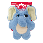 A KONG Snuzzles Kiddos Elephant plush dog toy in its original packaging. The toy is a soft, round, light blue elephant with a fuzzy texture. It features embroidered blue eyes with long lashes, a plush trunk, and a beige oval patch on its belly. The elephant has large, floppy ears with cream-colored inner linings. The packaging is red and white, displaying the KONG logo, the word 'Snuzzles' in a playful purple font. The packaging also highlights that the toy squeaks.