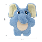 A KONG Snuzzles Kiddos Elephant plush dog toy, measuring approximately 6.5 inches in height and 5.5 inches in width. The toy is a soft, round, light blue elephant with a fuzzy texture. It features embroidered blue eyes with long lashes, a plush trunk, and a beige oval patch on its belly. The elephant has large, floppy ears with cream-colored inner linings. Measurement arrows along the sides indicate the toy’s dimensions.