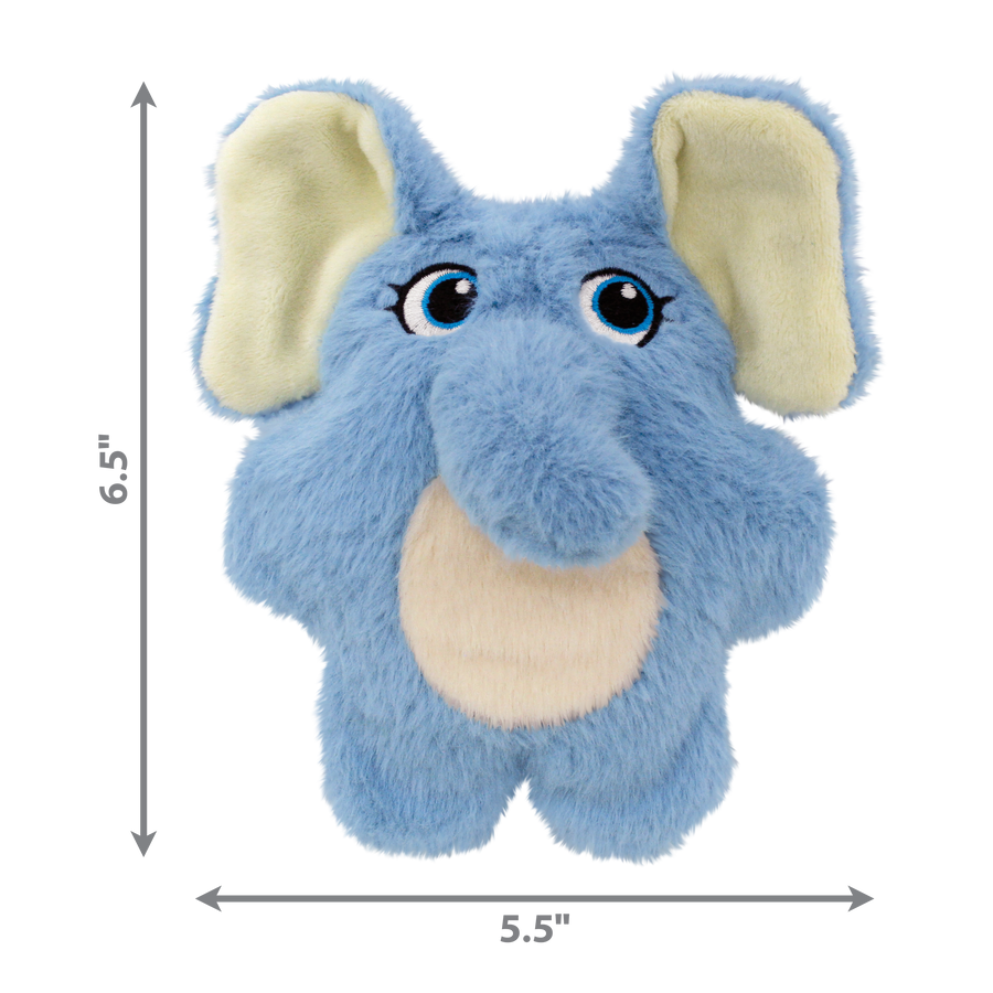 A KONG Snuzzles Kiddos Elephant plush dog toy, measuring approximately 6.5 inches in height and 5.5 inches in width. The toy is a soft, round, light blue elephant with a fuzzy texture. It features embroidered blue eyes with long lashes, a plush trunk, and a beige oval patch on its belly. The elephant has large, floppy ears with cream-colored inner linings. Measurement arrows along the sides indicate the toy’s dimensions.