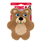 A KONG Snuzzles Kiddos Teddy plush dog toy in its packaging. The toy is a soft, round, light brown teddy bear with a fuzzy texture. It has embroidered blue eyes, a black nose, and a stitched smiling mouth. A beige patch is present on its belly, contrasting with the brown fur. The toy is designed for dogs, offering a cuddly and interactive play experience with a built-in squeaker. The background features the KONG branding with red and white colors.
