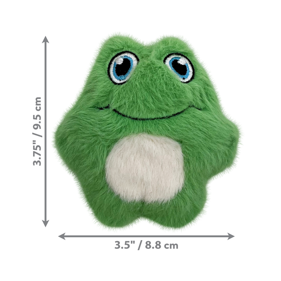 3.5 x 3.75 inches size of KONG Snuzzles Mini Frog Plush Dog Toy