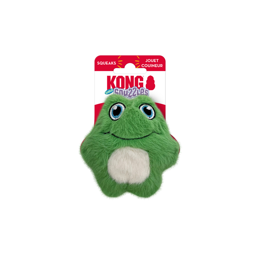 Front Packaging of KONG Snuzzles Mini Frog Plush Dog Toy