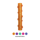 An orange KONG Squeezz Crackle Stick dog toy standing upright against a white background. The stick is a textured, cylindrical chew toy with raised bumps, designed for interactive play and crackling sounds. Below the toy, five small circles display assorted colors available, including orange, purple, green, pink, and blue, with the text 'Assorted Colors' written beneath them.
