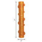 An orange KONG Squeezz Crackle Stick dog toy with a textured cylindrical shape and raised bumps, designed for interactive chewing and crackling sounds. The dimensions of the toy are indicated with arrows: 7 inches in height and 2 inches in width.