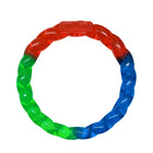 A KONG Twistz Ring Dog Toy featuring a circular, braided design made of durable, flexible material. The toy is tri-colored with sections of red, blue, and green, and has a translucent finish. The 'KONG' logo is embossed on the top of the ring. Designed for interactive play, fetching, and chewing.