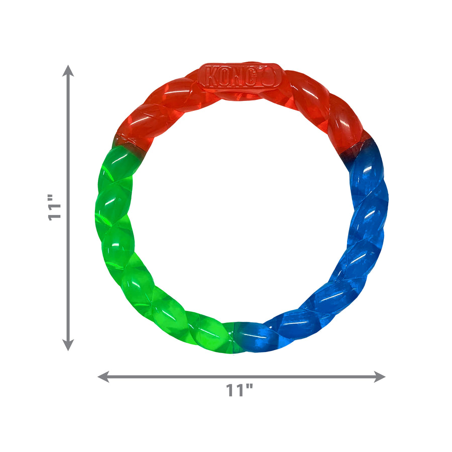 The KONG Twistz Ring Dog Toy, a circular, braided ring with a diameter of 11 inches. It features a vibrant translucent color gradient transitioning from red at the top, to green on the left, and blue on the right. The 'KONG' logo is embossed on the red section. The image includes measurement indicators showing the toy's size.