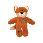 A plush fox dog toy from KONG Wild Knots, featuring a soft orange fur exterior with a white muzzle and inner ears. The toy has a friendly, smiling expression and includes stitched patch details on its body and limbs for a rustic look. It is designed with an internal knotted rope structure for durability, while the plush exterior provides comfort for dogs during play and snuggles.