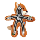 An orange plush fox dog toy from KONG Wild Knots, shown in a cutaway view to reveal the internal knotted rope skeleton. The toy’s soft, fuzzy exterior is complemented by a durable rope structure inside, forming an interconnected system through its limbs and body. The toy features decorative stitched patches and a white muzzle. This design enhances durability while maintaining a soft, cuddly exterior for dogs to enjoy.