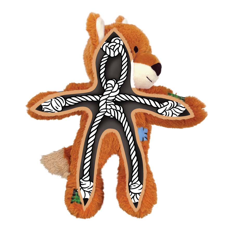 An orange plush fox dog toy from KONG Wild Knots, shown in a cutaway view to reveal the internal knotted rope skeleton. The toy’s soft, fuzzy exterior is complemented by a durable rope structure inside, forming an interconnected system through its limbs and body. The toy features decorative stitched patches and a white muzzle. This design enhances durability while maintaining a soft, cuddly exterior for dogs to enjoy.