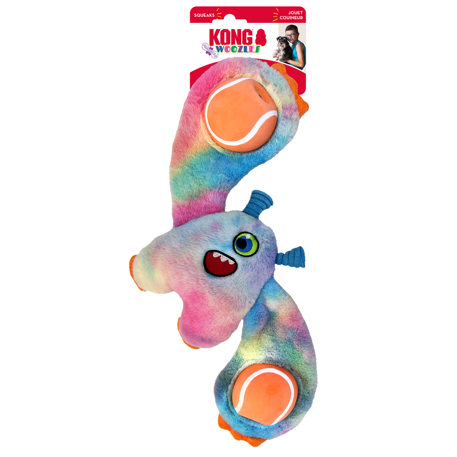 Front packaging of KONG Woozles Monster Assorted Medium Dog Toy