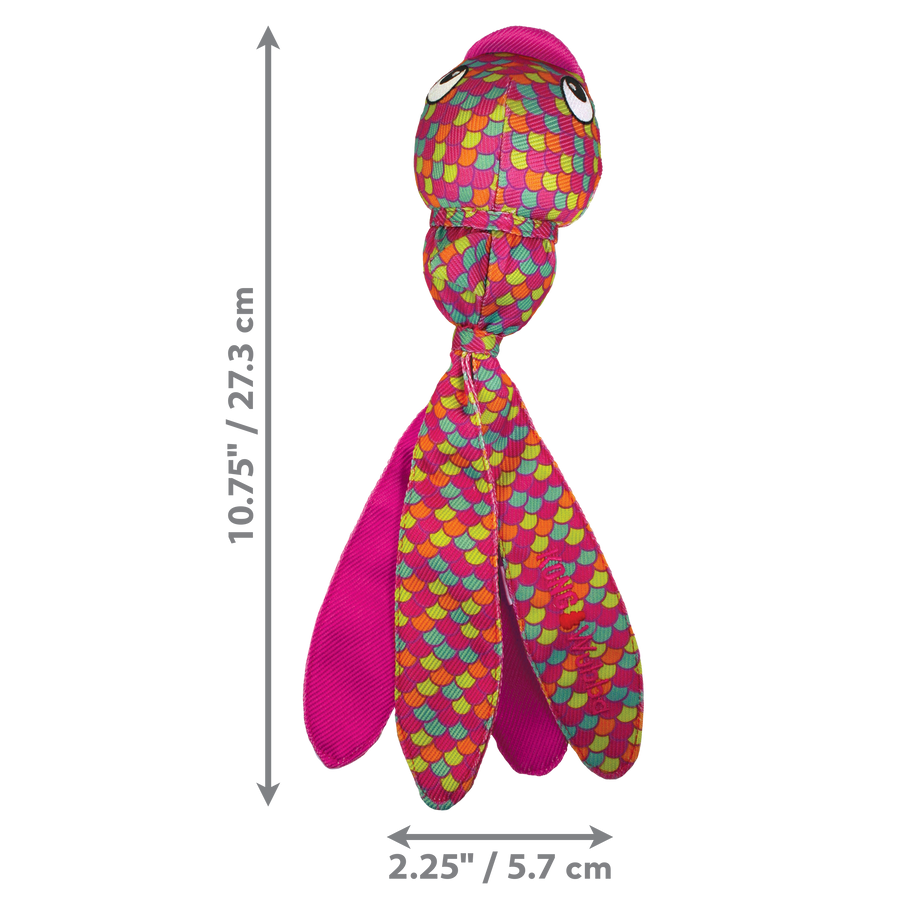 KONG Wubba Finz Pink Dog Toy with measurements. The toy is 10.75 inches (27.3 cm) in length and 2.25 inches (5.7 cm) in width. It features a fish-shaped design with a colorful scale pattern in shades of pink, red, yellow, green, and blue. The head is round with large cartoon eyes, and long fabric fins extend from the bottom, designed for interactive play, tossing, and chewing.