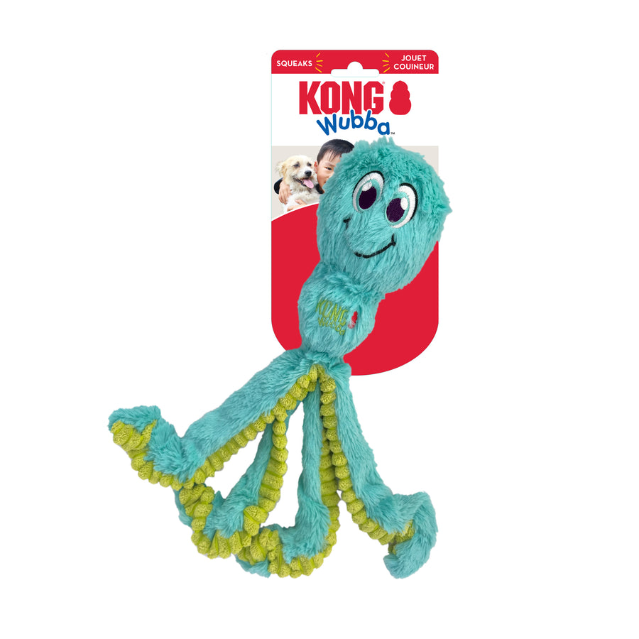 Front Packaging of KONG Wubba Octopus Plush Dog Toy Blue