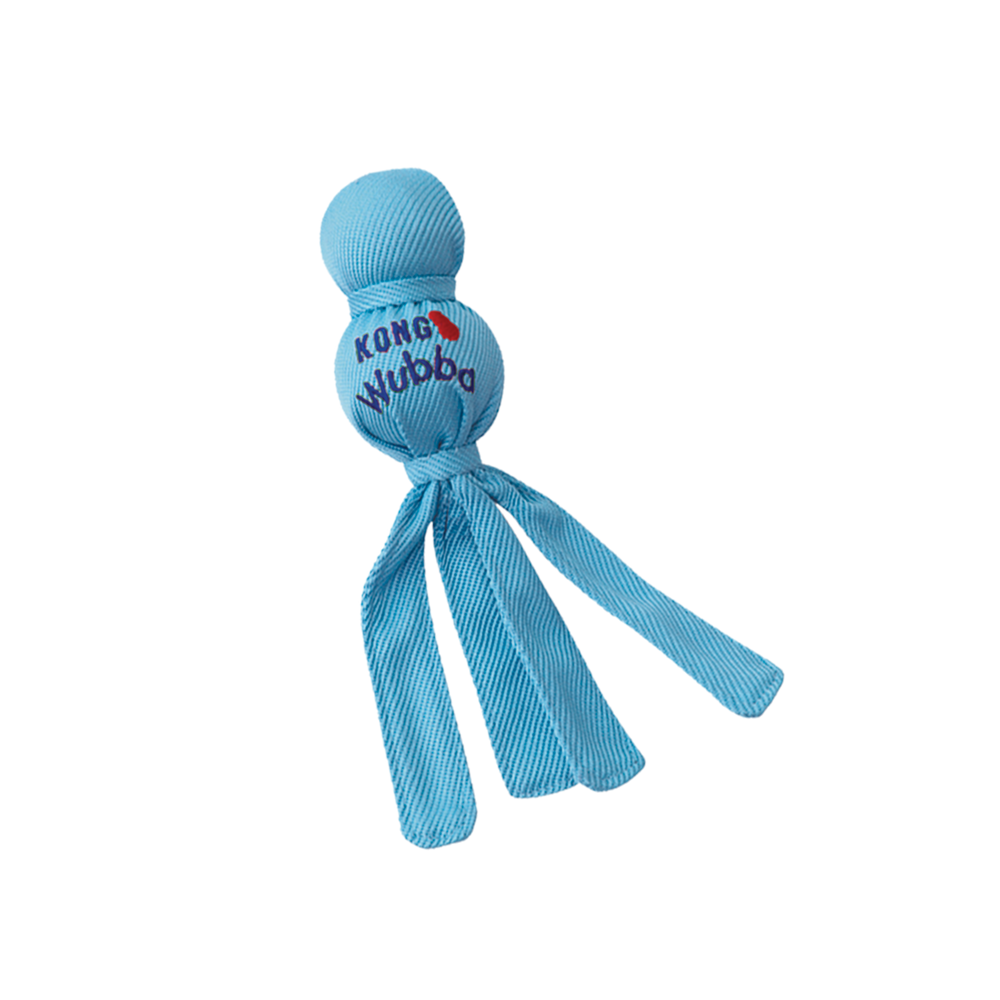KONG Wubba Puppy Dog Toy in light blue, featuring a durable fabric-covered ball with a smaller ball on top, and long floppy tails for interactive tugging and shaking. The 'KONG Wubba' logo is printed on the fabric, making it an engaging toy designed for puppies.