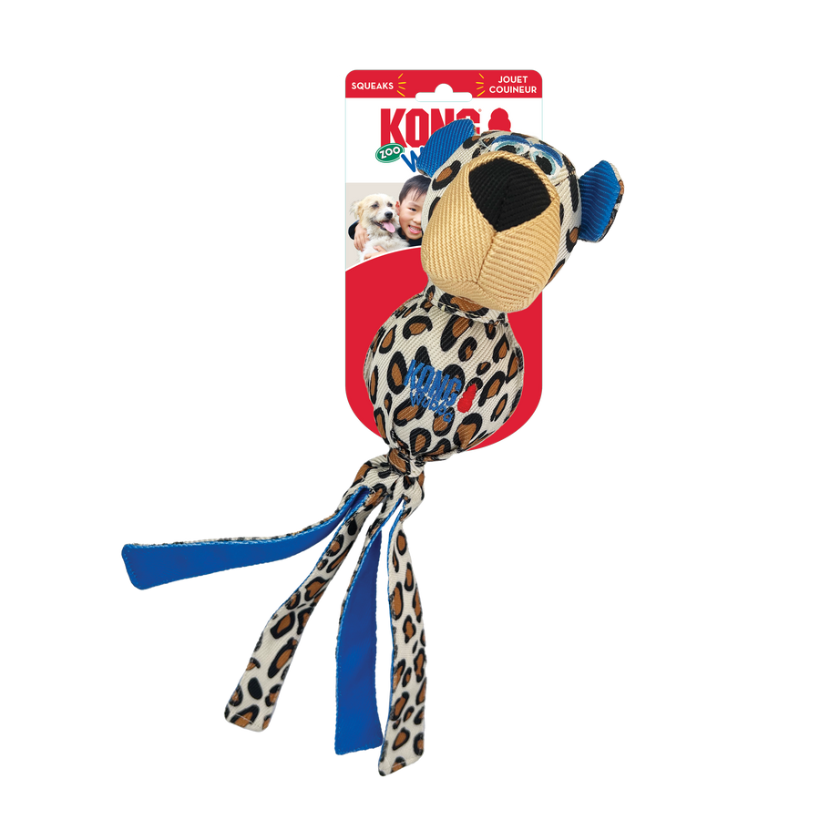 Front packaging of KONG Wubba Zoo Cheetah Dog Toy with blue accent