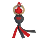 The KONG Wubba Zoo Mandrill Dog Toy displayed against a plain white background. The toy has a plush mandrill head with tan fur, a red and white snout, and embroidered eyes. A tuft of red faux fur sits atop its head. The body is made of durable dark gray fabric with the 'KONG Wubba' logo printed in red. Several long fabric tails in red and gray extend from the bottom, designed for interactive play like tugging and shaking.