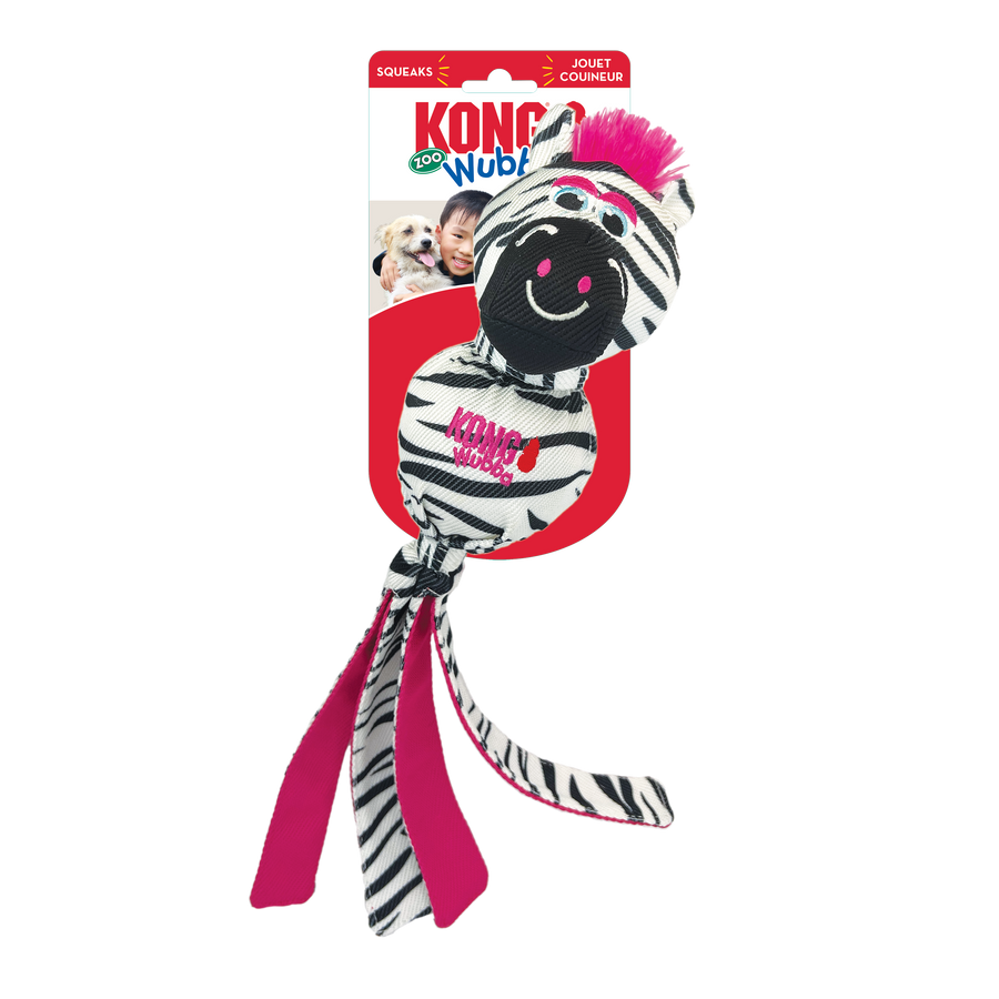 Front packaging of KONG Wubba Zoo Zebra Dog Toy
