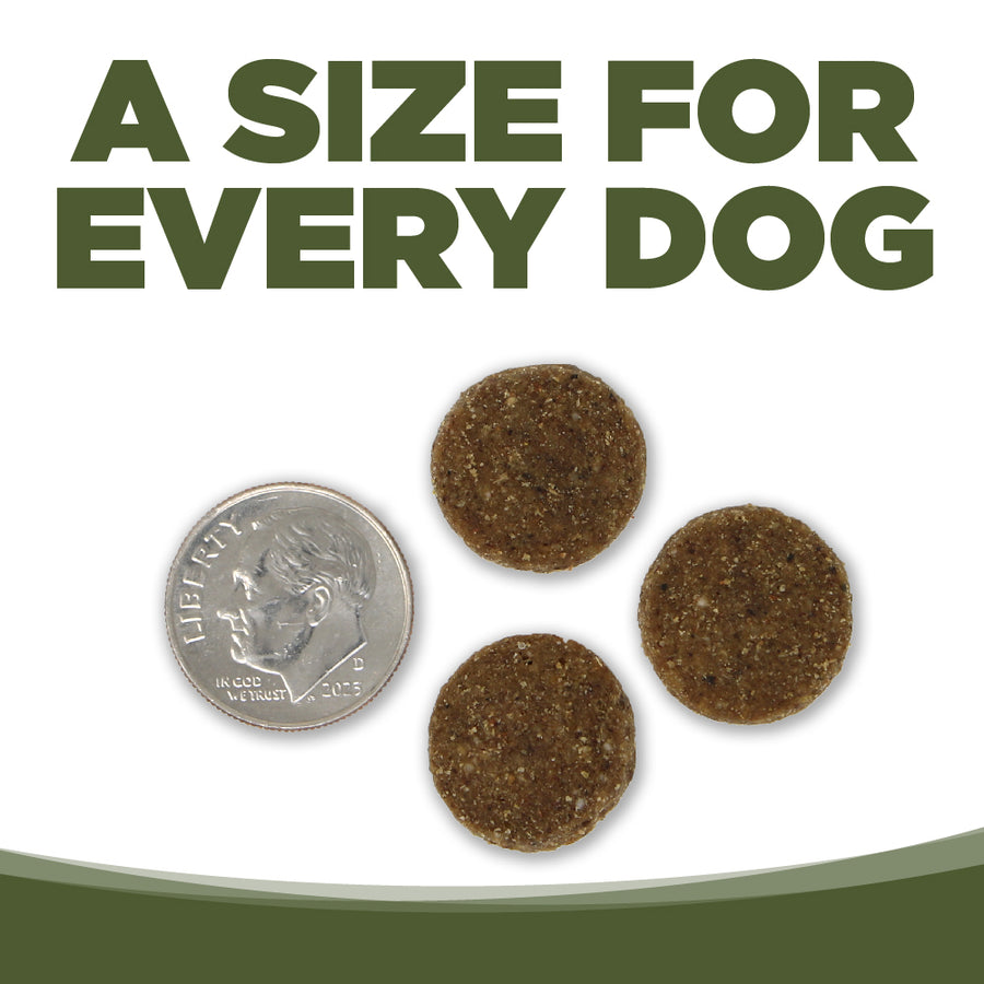 A size for every dog. Kibble approximately the size of a dime.