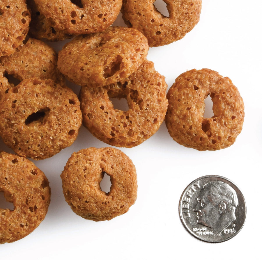 A size for every dog. Kibble approximately 2x size of a dime.
