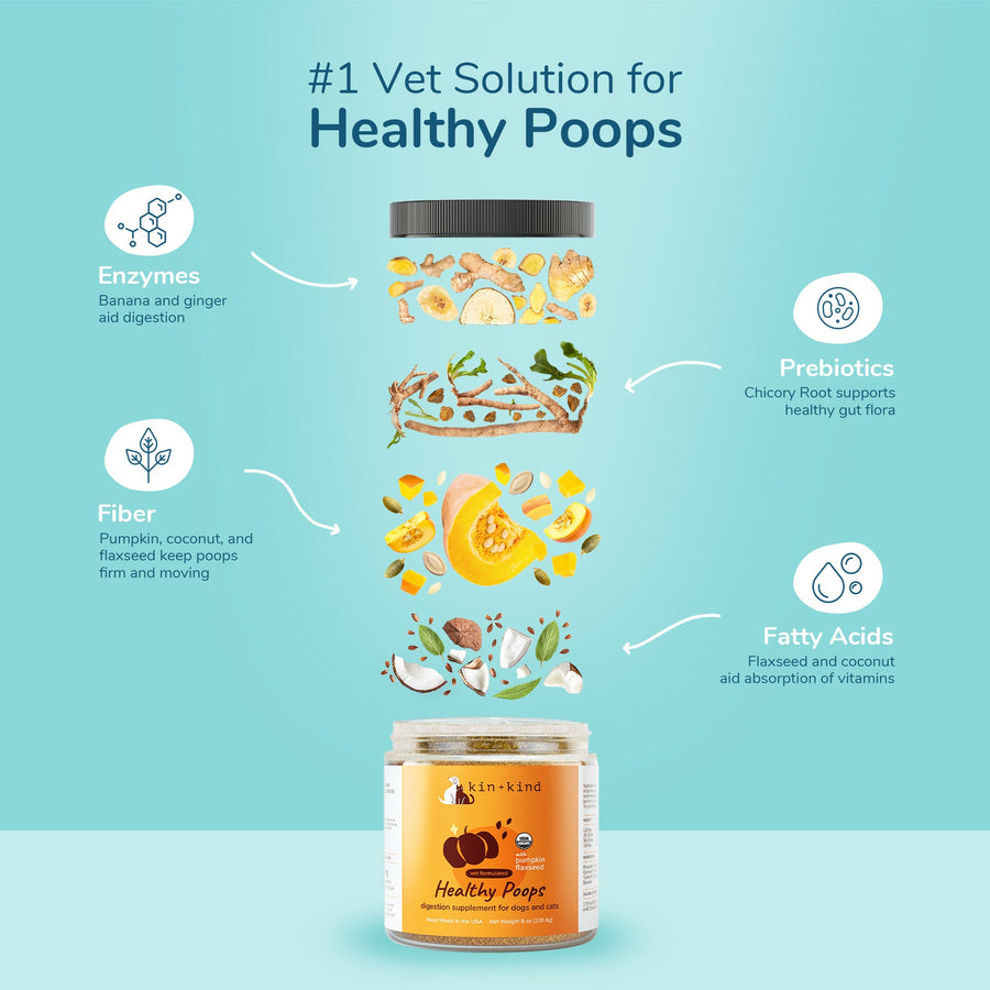 Breakdown of Kin + Kind Healthy Poops Digestive Supplement for Dogs & Cats solution 