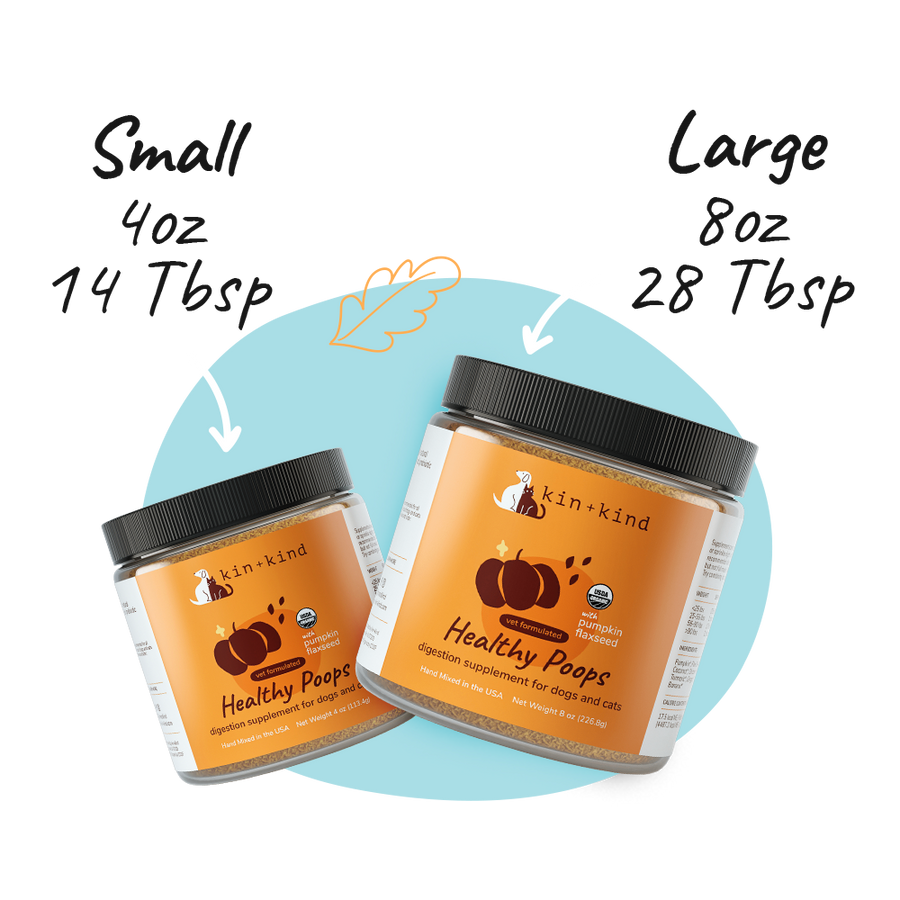 Kin + Kind Healthy Poops Digestive Supplement for Dogs & Cats Small 4oz and Large 8oz Sizes