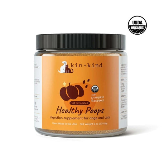 USDA Organic Stamped Front Container of Kin + Kind Healthy Poops Digestive Supplement for Dogs & Cats 