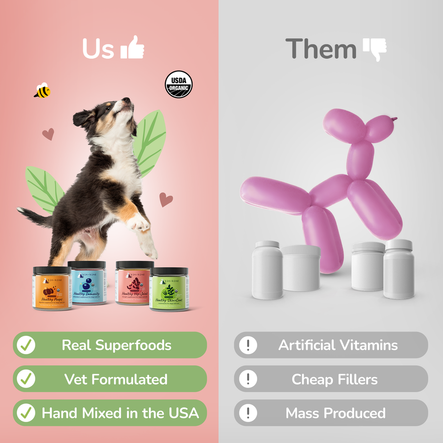 Comparison of Kin + Kind Healthy Poops Digestive Supplement for Dogs & Cats versus other product