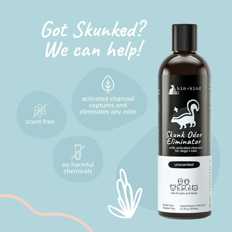Kin + Kind Skunk Odor Eliminator Pet Shampoo is scent-free, with activated charcoal to eliminate odor &  has no harmful chemicals