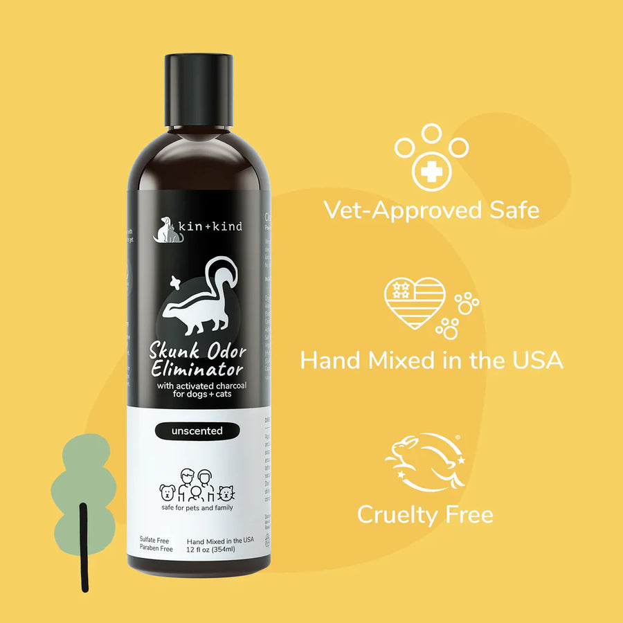Kin + Kind Skunk Odor Eliminator Pet Shampoo is Vet-Approved Safe, Hand Mixed in the USA & Cruelty Free